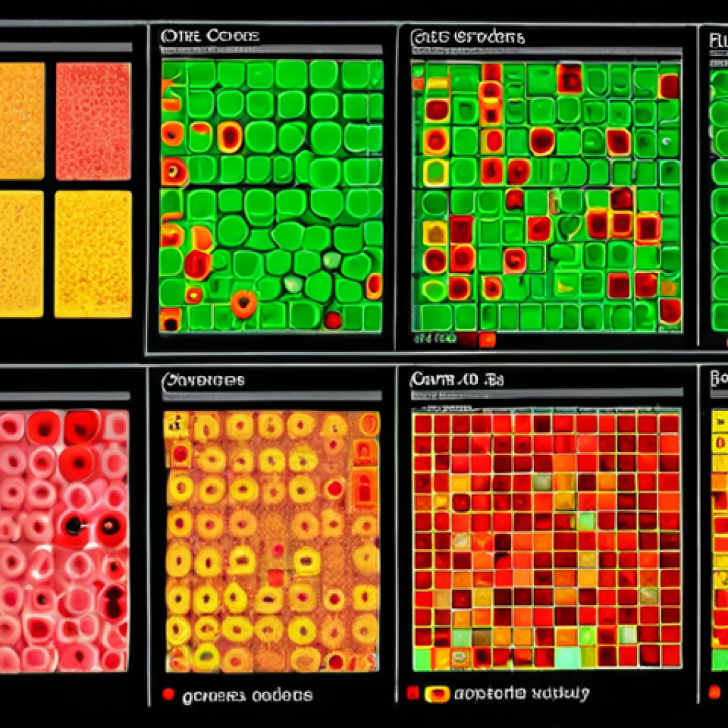 **Interactive Heatmap of Gene Expression:** A vibrant, interactive heatmap visualizing gene expression data in cancer cells treated with different drugs. The color gradient should clearly represent gene activity levels, and the layout should highlight clusters of co-regulated genes. Focus on conveying the "deciphering a secret code" aspect, revealing vulnerabilities in cancer cells.