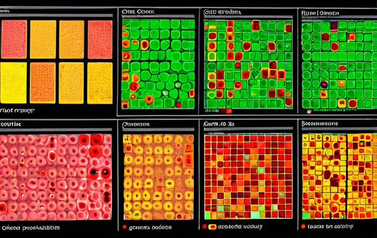 **Interactive Heatmap of Gene Expression:** A vibrant, interactive heatmap visualizing gene expression data in cancer cells treated with different drugs. The color gradient should clearly represent gene activity levels, and the layout should highlight clusters of co-regulated genes. Focus on conveying the "deciphering a secret code" aspect, revealing vulnerabilities in cancer cells.