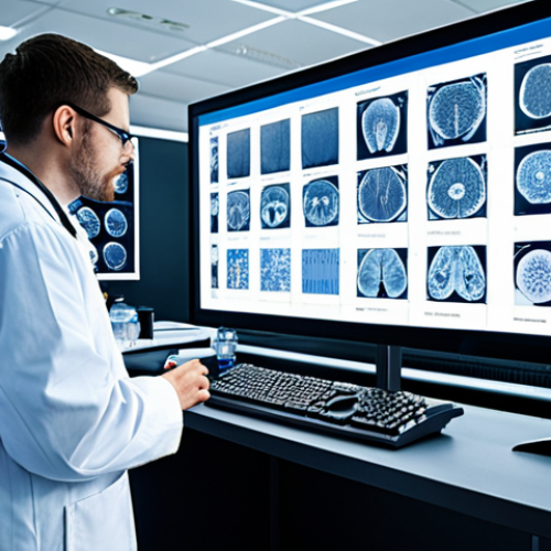 **Prompt:** A futuristic laboratory setting with researchers analyzing genomic data on large screens, highlighting the use of bioinformatics in identifying biomarkers for disease detection using advanced biosensors. Focus on the integration of big data and artificial intelligence in the process.