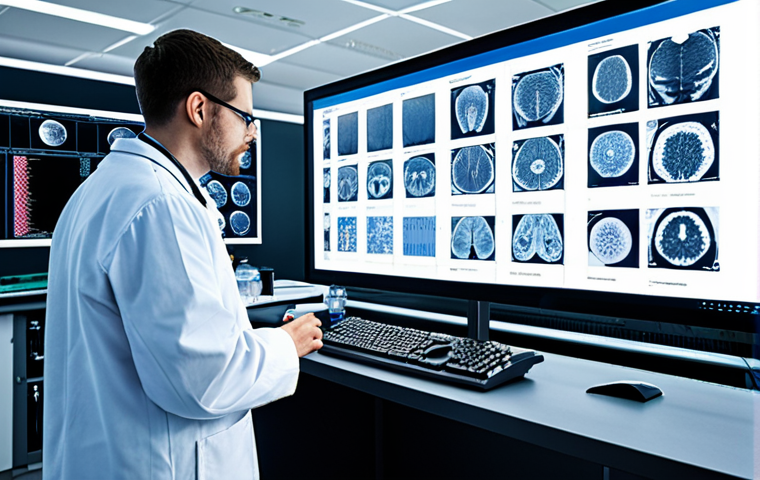 **Prompt:** A futuristic laboratory setting with researchers analyzing genomic data on large screens, highlighting the use of bioinformatics in identifying biomarkers for disease detection using advanced biosensors. Focus on the integration of big data and artificial intelligence in the process.