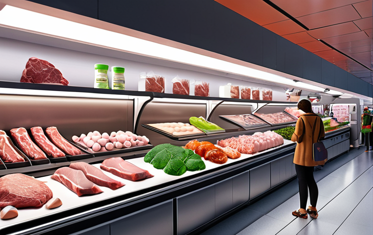 **Prompt:** A vibrant, ultra-realistic market scene in a near-future setting, showcasing beautifully presented, delicious-looking lab-grown meats and dairy products, alongside luxurious, sustainably produced textiles and accessories like bags and shoes, all cultivated through synthetic biology. Subtle glowing bio-reactors or intricate cellular patterns are visible in the background, hinting at their origin. The atmosphere is inviting and optimistic, emphasizing high quality, sustainability, and the seamless integration of bio-engineered products into daily life. Volumetric lighting, high detail, photorealistic.