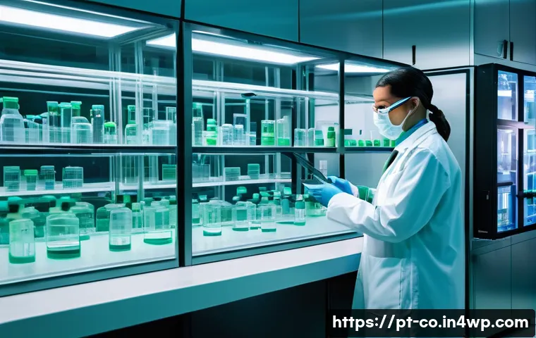 합성생물학의 안전성 및 규제 이슈 - A high-tech synthetic biology laboratory scene in Brazil, showcasing scientists wearing lab coats an...