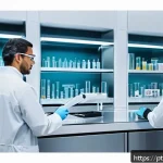 Home 20 합성생물학의 법적 쟁점과 해결 방안 - A futuristic laboratory scene illustrating the regulatory challenges in synthetic biology, featuring...