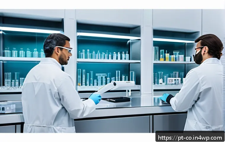 합성생물학의 법적 쟁점과 해결 방안 - A futuristic laboratory scene illustrating the regulatory challenges in synthetic biology, featuring...