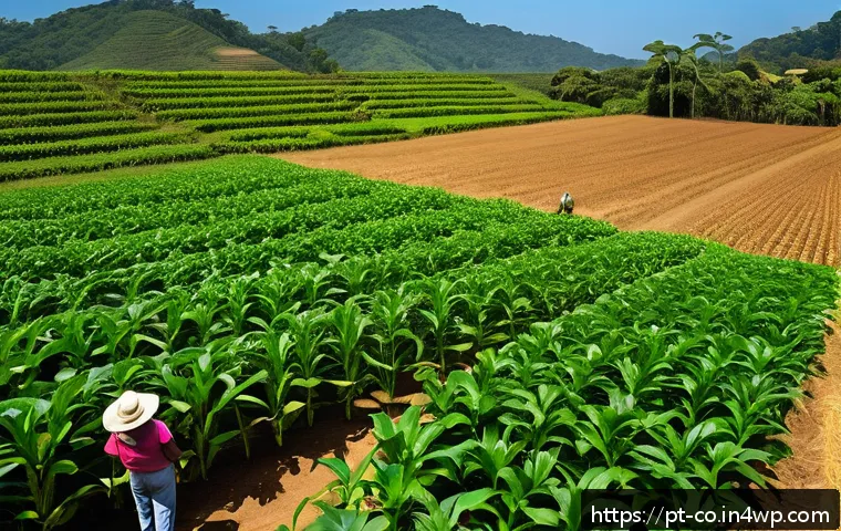 합성생물학의 연구 성과의 사회적 활용 방안 - A vibrant Brazilian family farm scene showcasing genetically enhanced soybean and corn plants thrivi...
