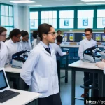 Home 23 합성생물학의 교육 커리큘럼 소개 - A modern high school biology laboratory bustling with diverse students wearing lab coats and safety ...
