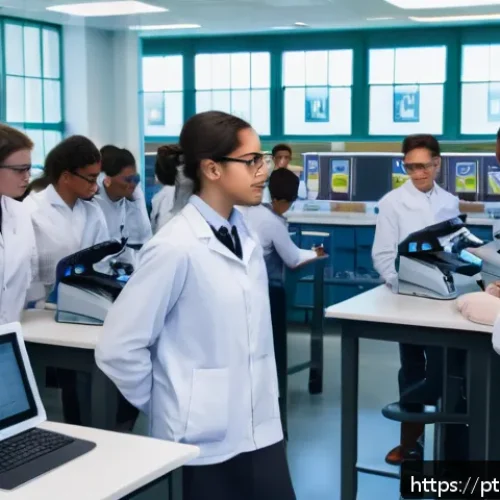 Home 17 합성생물학의 교육 커리큘럼 소개 - A modern high school biology laboratory bustling with diverse students wearing lab coats and safety ...