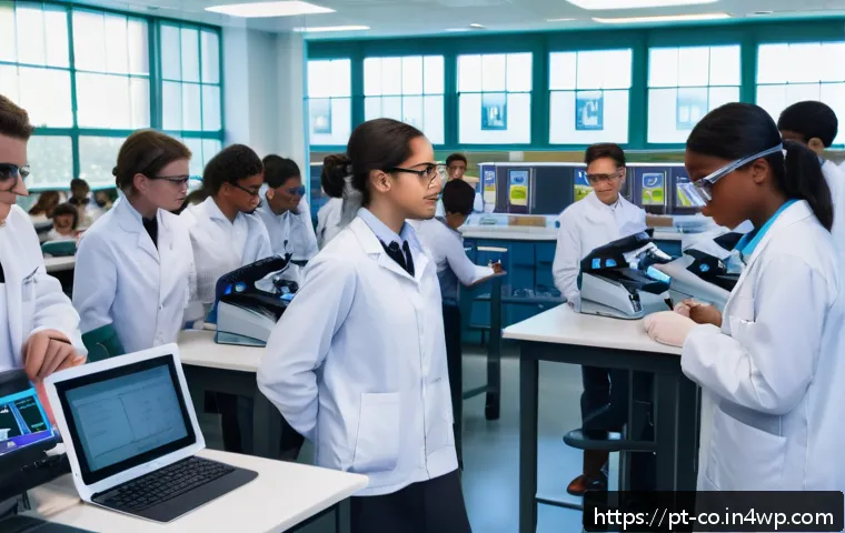 합성생물학의 교육 커리큘럼 소개 - A modern high school biology laboratory bustling with diverse students wearing lab coats and safety ...